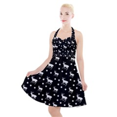 Deer Dots Black Halter Party Swing Dress 