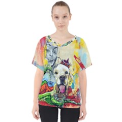 Wall Girl Dog Graphite Street Art V-neck Dolman Drape Top by Simbadda