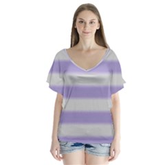 Bold Stripes Soft Purple Pattern V-neck Flutter Sleeve Top