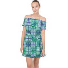 Mod Blue Green Square Pattern Off Shoulder Chiffon Dress