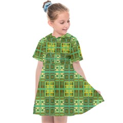 Mod Yellow Green Squares Pattern Kids  Sailor Dress by BrightVibesDesign