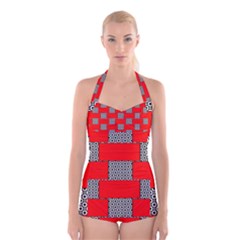 Black And White Red Patterns Boyleg Halter Swimsuit  by Simbadda