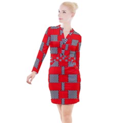 Black And White Red Patterns Button Long Sleeve Dress by Simbadda