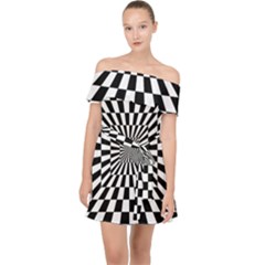 2 Color Checkered Square Tunnel Off Shoulder Chiffon Dress