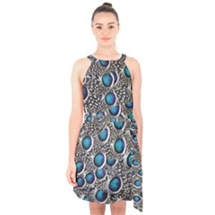 Peacock Pattern Close Up Plumage Halter Collar Waist Tie Chiffon Dress by Celenk