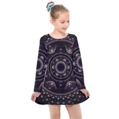 Fractal Mandala Circles Purple Kids  Long Sleeve Dress by Simbadda