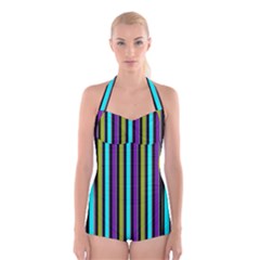 Retro Stripe 1 Vertical Retro Stripe 1 Boyleg Halter Swimsuit  by dressshop