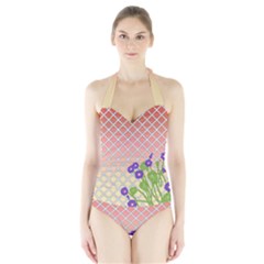 Morning Glory Argyle (blue Sky) Pattern Halter Swimsuit by emilyzragz