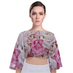 Pink And White Flowers Tie Back Butterfly Sleeve Chiffon Top