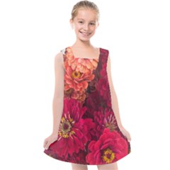 Peach And Pink Zinnias Kids  Cross Back Dress