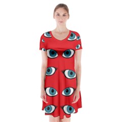 Blue Eyes Pattern Short Sleeve V-neck Flare Dress by Valentinaart