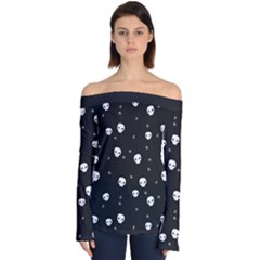 Pattern Skull Stars Halloween Gothic On Black Background Off Shoulder Long Sleeve Top