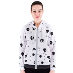 Pattern Skull Stars Handrawn Naive Halloween Gothic Black And White Women s Zipper Hoodie by genx