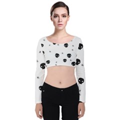 Pattern Skull Stars Handrawn Naive Halloween Gothic Black And White Velvet Long Sleeve Crop Top by genx