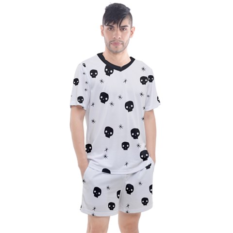 Pattern Skull Stars Handrawn Naive Halloween Gothic Black And White Men s Mesh Tee And Shorts Set by genx