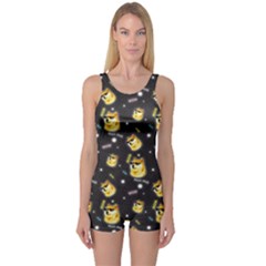 Doge Much Thug Wow Pattern Funny Kekistan Meme Dog Black Background One Piece Boyleg Swimsuit by snek