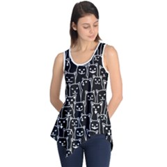 Funny Cat Pattern Organic Style Minimalist On Black Background Sleeveless Tunic