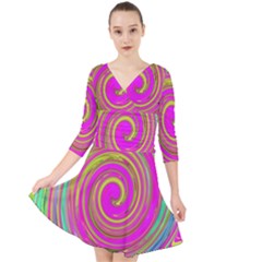 Groovy Abstract Pink, Turquoise And Yellow Swirl Quarter Sleeve Front Wrap Dress by myrubiogarden