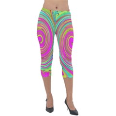 Groovy Abstract Pink, Turquoise And Yellow Swirl Lightweight Velour Capri Leggings  by myrubiogarden