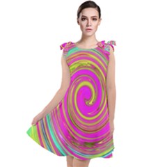 Groovy Abstract Pink, Turquoise And Yellow Swirl Tie Up Tunic Dress by myrubiogarden