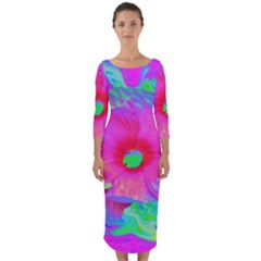 Psychedelic Pink And Red Hibiscus Flower Quarter Sleeve Midi Bodycon Dress by myrubiogarden