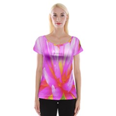 Fiery Hot Pink And Yellow Cactus Dahlia Flower Cap Sleeve Top by myrubiogarden