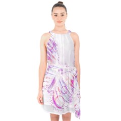 Colorful Butterfly Purple Halter Collar Waist Tie Chiffon Dress