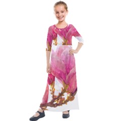 Wild Magnolia Flower, Watercolor Art Kids  Quarter Sleeve Maxi Dress by picsaspassion