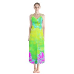 Fluorescent Yellow And Pink Abstract Garden Foliage Button Up Chiffon Maxi Dress by myrubiogarden