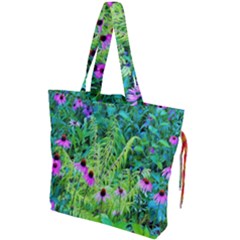 Purple Coneflower Garden With Tiger Eye Tree Drawstring Tote Bag by myrubiogarden