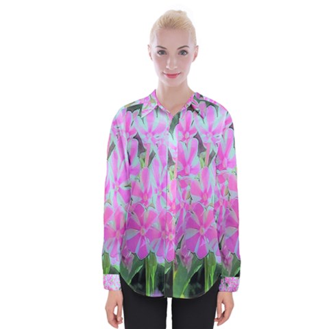 Hot Pink And White Peppermint Twist Garden Phlox Womens Long Sleeve Shirt by myrubiogarden