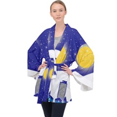 Night Christmas Background Moon Snow Velvet Kimono Robe by Wegoenart