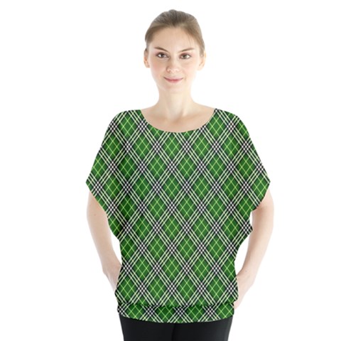 Lumberjack Plaid Buffalo Plaid Green White Batwing Chiffon Blouse by Wegoenart