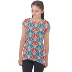 Seamless Patter Peacock Feathers Cap Sleeve High Low Top