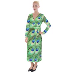 Peacock Feathers Peafowl Velvet Maxi Wrap Dress