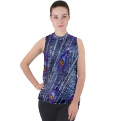 Peacock Feathers Color Plumage Mock Neck Chiffon Sleeveless Top by Wegoenart