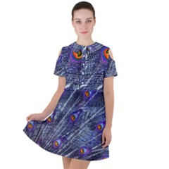 Peacock Feathers Color Plumage Short Sleeve Shoulder Cut Out Dress 