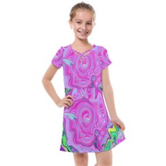 Groovy Pink, Blue And Green Abstract Liquid Art Kids  Cross Web Dress by myrubiogarden