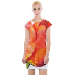 Red Tulip, Watercolor Art Cap Sleeve Bodycon Dress