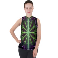 Fractal Purple Lime Pattern Mock Neck Chiffon Sleeveless Top