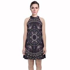 Fractal Mandala Circles Purple Velvet Halter Neckline Dress 