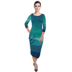 Landscape Wallpaper Background Quarter Sleeve Midi Velour Bodycon Dress