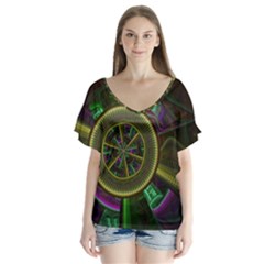 Fractal Threads Colorful Pattern V-neck Flutter Sleeve Top