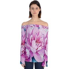 Art Painting Flowers Peonies Pink Off Shoulder Long Sleeve Top