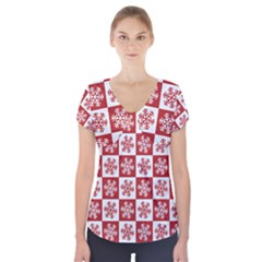 Snowflake Red White Short Sleeve Front Detail Top by Wegoenart