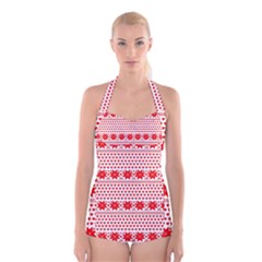 Fairisle Pattern Background Red Boyleg Halter Swimsuit  by Wegoenart