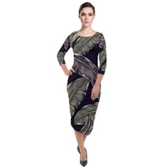 Jungle Leaves Tropical Pattern Quarter Sleeve Midi Velour Bodycon Dress