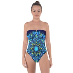 Mandala Blue Abstract Circle Tie Back One Piece Swimsuit by Wegoenart