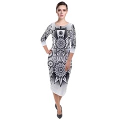 Forest Patrol Tribal Abstract Quarter Sleeve Midi Velour Bodycon Dress