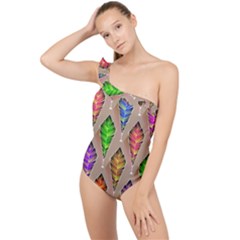 Abstract Background Colorful Leaves Frilly One Shoulder Swimsuit